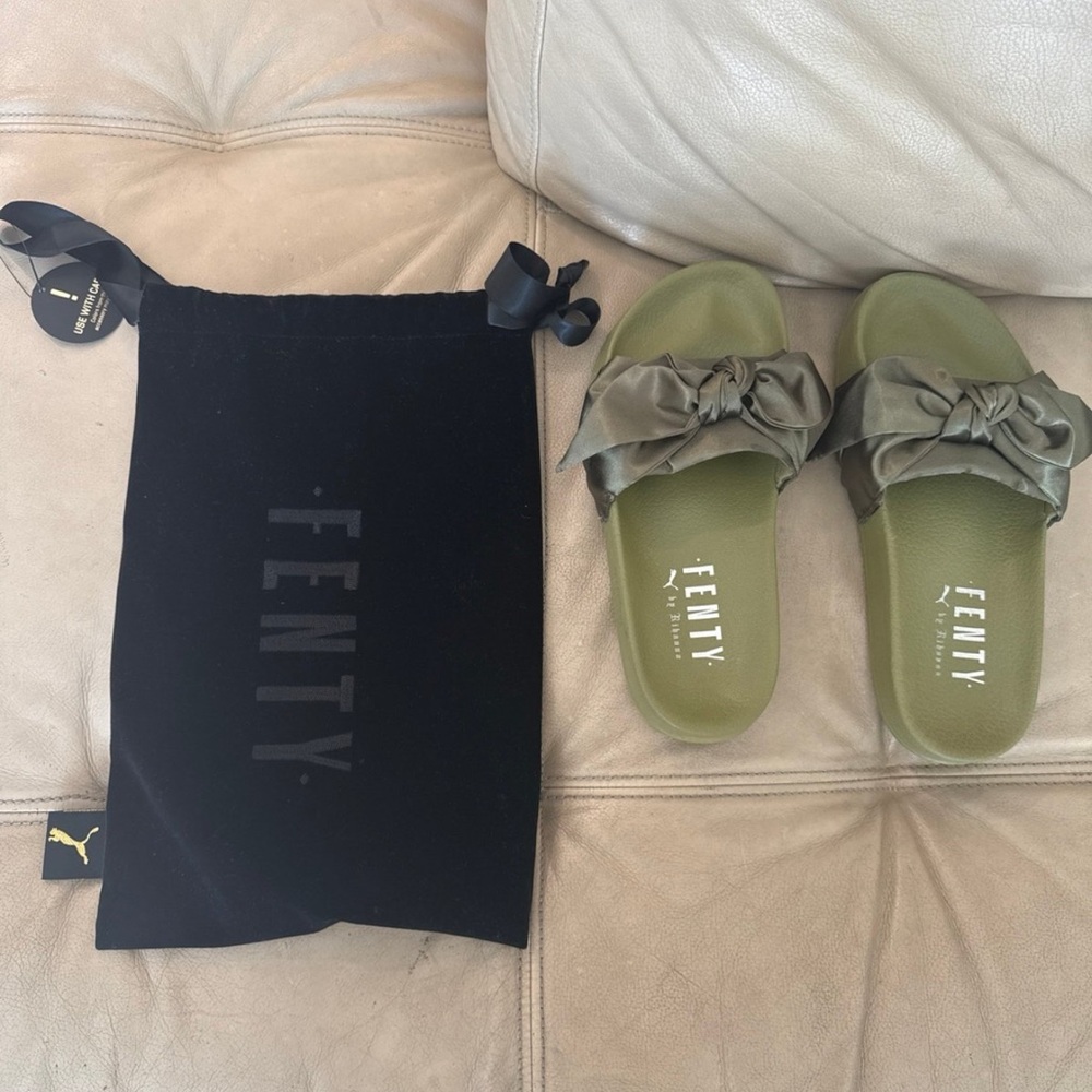 Fenty Puma Olive Green Satin Bow Slide Sandals